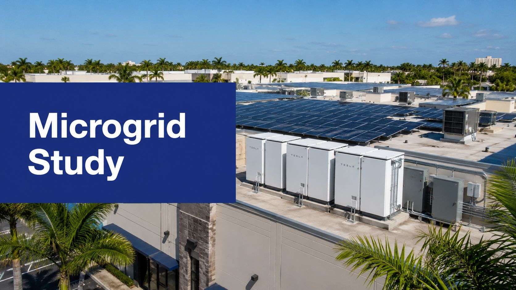 microgrid-feasibility-study-solar-storage - Commercial + Residential Solar Power Florida Rooftop solar panels and Tesla storage units beside a blue sign reading 'Microgrid Study' on a sunny day, palm trees in the background.