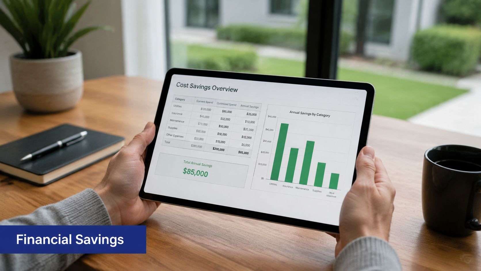 A person holding a tablet displaying a financial cost savings dashboard with charts and data tables.