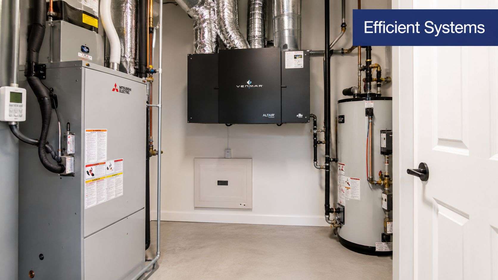 A utility room featuring a Mitsubishi Electric furnace, Venmar Altair air exchanger, and a water heater.