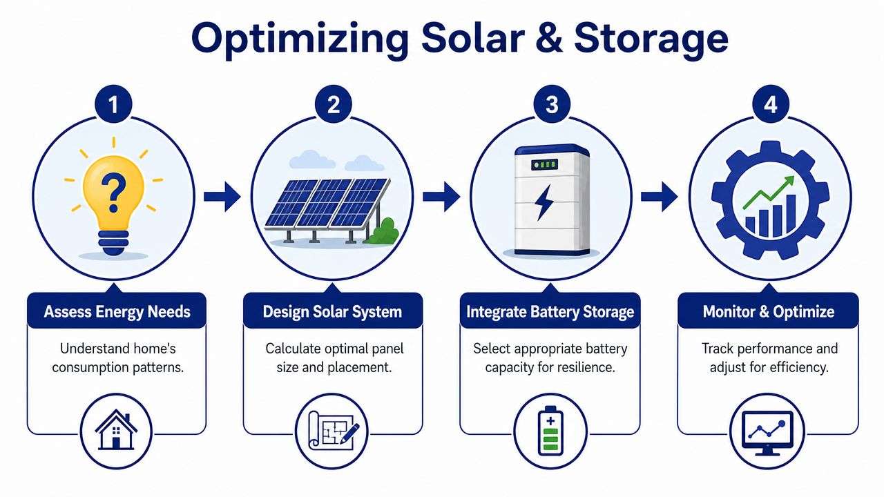 A four-step infographic illustrating the process of designing and optimizing a solar and battery storage system.