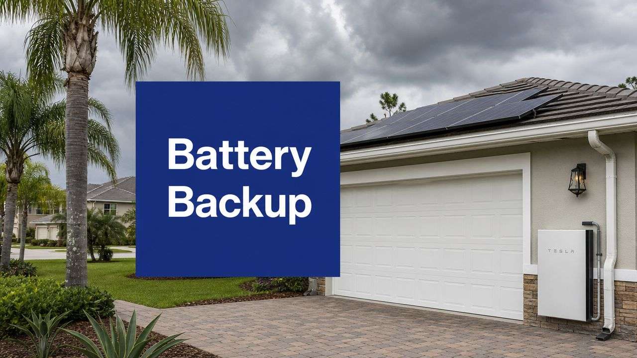 battery-backup-power-outage-tesla-battery - Commercial + Residential Solar Power Florida Residential driveway with a large blue 'Battery Backup' sign in front of a house with solar panels on the roof.