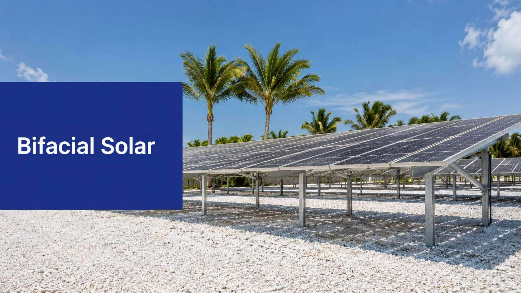 bifacial-solar-panel-installation-solar-panels - Commercial + Residential Solar Power Florida Blue panel with the words 'Bifacial Solar' beside rows of solar panels under a clear blue sky with palm trees in the background.
