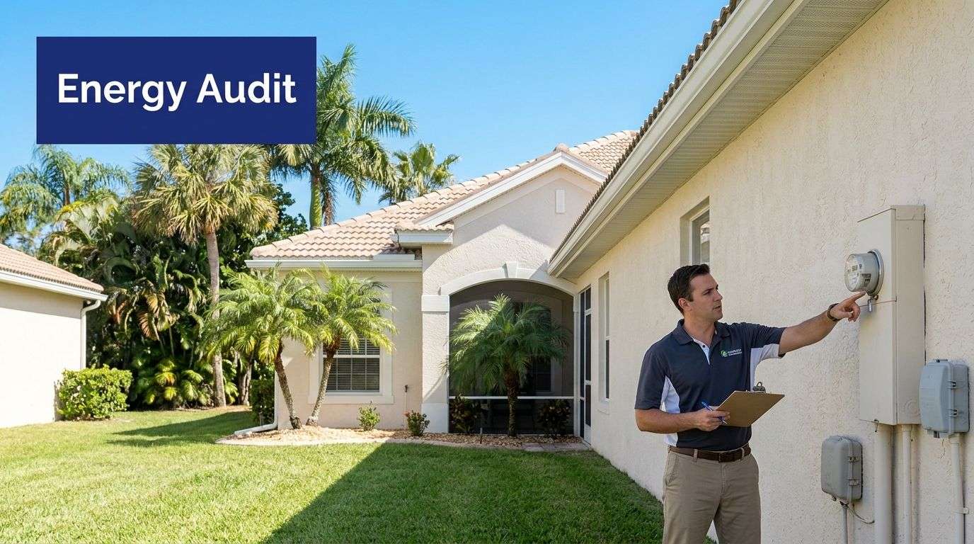 energy-efficiency-audit-energy-audit - Commercial + Residential Solar Power Florida Energy auditor checks a home's outdoor meter with clipboard in hand, promoting an energy audit service.