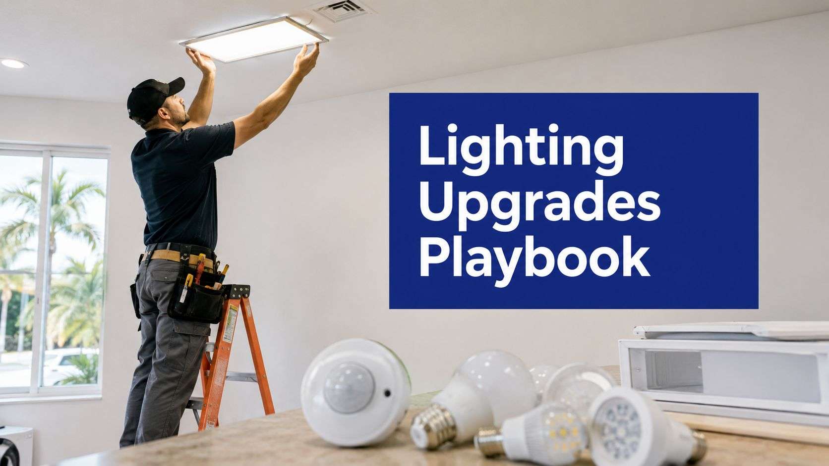 energy-efficient-lighting-upgrades-electrician-installation - Commercial + Residential Solar Power Florida Electrician on a ladder installs a ceiling panel beside a blue sign that reads 'Lighting Upgrades Playbook'.