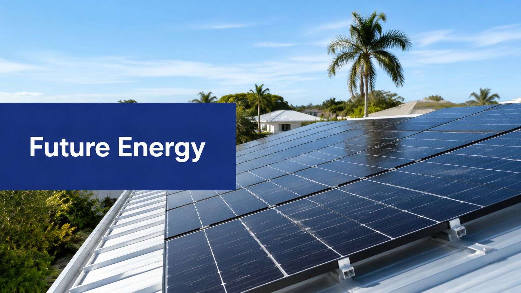 future-energy-solutions-florida-solar-panels - Commercial + Residential Solar Power Florida Solar panels on a rooftop with a blue sign reading 'Future Energy' in the foreground.