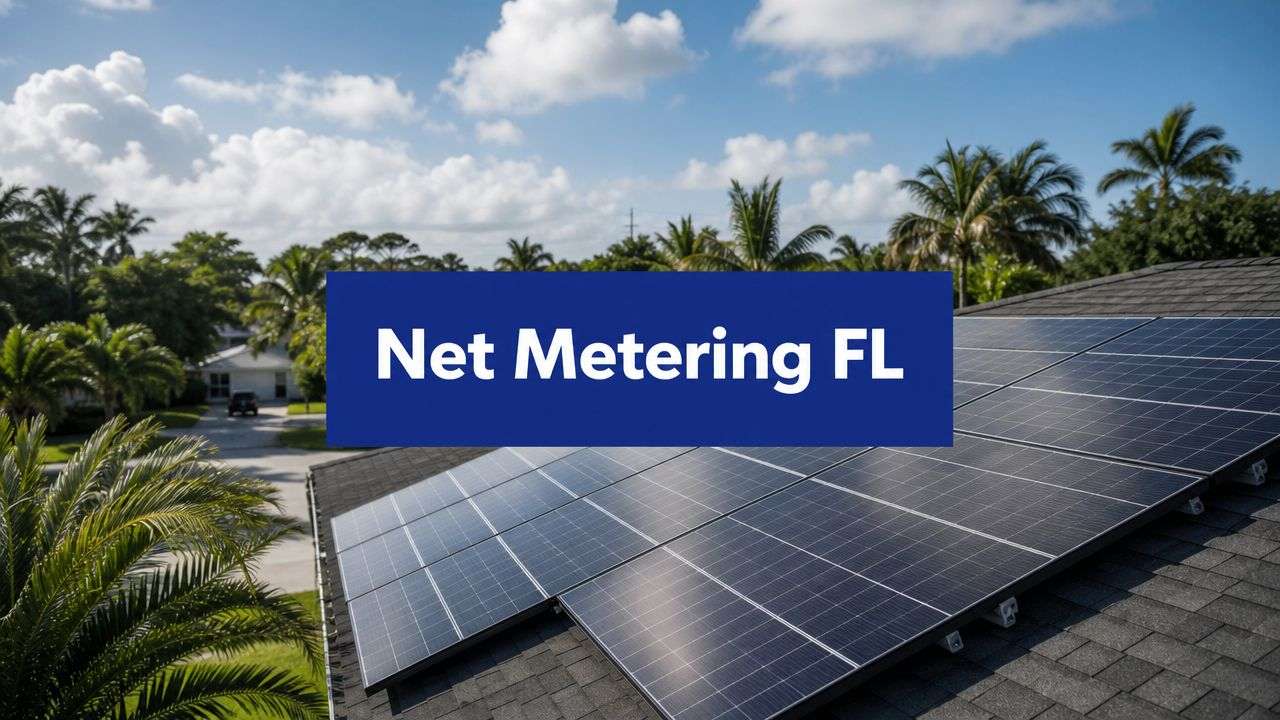 net-metering-florida-solar-panels - Commercial + Residential Solar Power Florida Solar panels on a roof with a blue banner that says 'Net Metering FL', illustrating Florida solar energy access