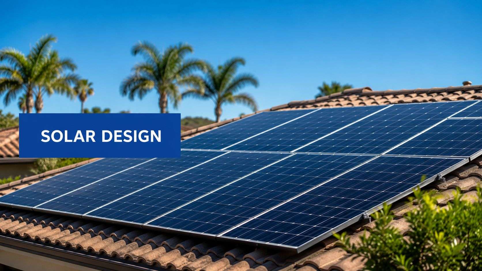 solar-system-design-solar-panels - Commercial + Residential Solar Power Florida Blue banner reading 'SOLAR DESIGN' over solar panels on a tiled roof under a clear blue sky with palm trees in the background
